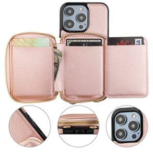 Bocasal RFID Blocking Wallet Case for iPhone 14 Pro, Adjustable Crossbody Zipper Purse Case Card Holder with Kickstand Detachable Wrist Strap, PU Leather Flip Folio Case 6.1 Inch 5G (Rose Gold)