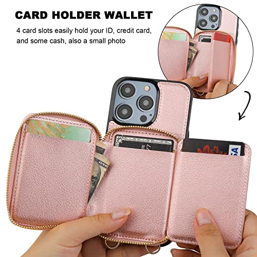 Bocasal RFID Blocking Wallet Case for iPhone 14 Pro, Adjustable Crossbody Zipper Purse Case Card Holder with Kickstand Detachable Wrist Strap, PU Leather Flip Folio Case 6.1 Inch 5G (Rose Gold)