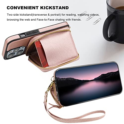 Bocasal RFID Blocking Wallet Case for iPhone 14 Pro, Adjustable Crossbody Zipper Purse Case Card Holder with Kickstand Detachable Wrist Strap, PU Leather Flip Folio Case 6.1 Inch 5G (Rose Gold)