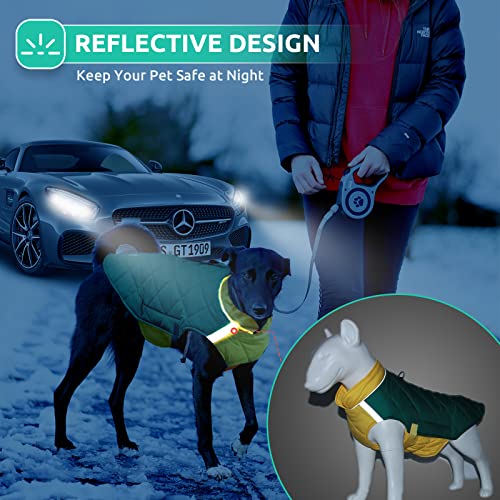 ABRRLO Dog Winter Coat Reflective Dog Harness Jacket Vest with D-Ring Leash Attachment Dog Cold Weather Coats Warm Pet Clothes Waterproof Dog Snow Jacket for Small Medium Large Dogs(Green,M)