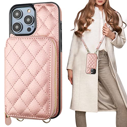 Bocasal iPhone 14 Pro Max Crossbody Wallet Case, RFID Blocking, PU Leather Zipper Handbag, Kickstand Folio with Card Slots & Wrist Strap - Rose Gold