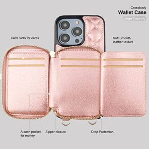 Bocasal iPhone 14 Pro Max Crossbody Wallet Case, RFID Blocking, PU Leather Zipper Handbag, Kickstand Folio with Card Slots & Wrist Strap - Rose Gold