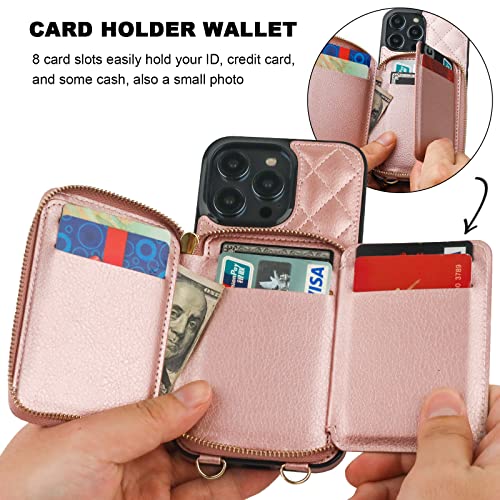 Bocasal iPhone 14 Pro Max Crossbody Wallet Case, RFID Blocking, PU Leather Zipper Handbag, Kickstand Folio with Card Slots & Wrist Strap - Rose Gold