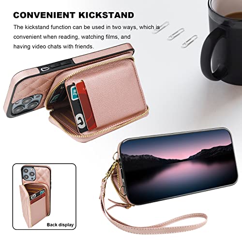 Bocasal iPhone 14 Pro Max Crossbody Wallet Case, RFID Blocking, PU Leather Zipper Handbag, Kickstand Folio with Card Slots & Wrist Strap - Rose Gold