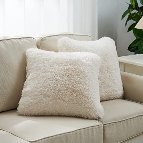 Cozy Bliss Super Soft Fuzzy Faux Fur Throw Pillowcovers for Couch, Long Hair Fluffy Shaggy Throw Pillowcases, Luxury Plush Decorative Pillow Covers for Sofa Bed(20" x 20", Ivory)