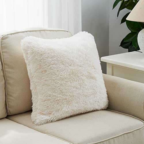 Cozy Bliss Super Soft Fuzzy Faux Fur Throw Pillowcovers for Couch, Long Hair Fluffy Shaggy Throw Pillowcases, Luxury Plush Decorative Pillow Covers for Sofa Bed(20" x 20", Ivory)