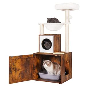 Heybly Cat Tree, Wood Litter Box Enclosure with Food Station, All-in-one Indoor Cat Furniture with Basket and Condo, Modern Style Cat Tower, Hammock, Rustic Brown HCT101SR