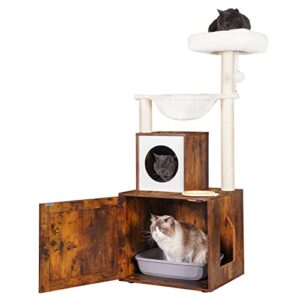 Heybly Cat Tree, Wood Litter Box Enclosure with Food Station, All-in-one Indoor Cat Furniture with Basket and Condo, Modern Style Cat Tower, Hammock, Rustic Brown HCT101SR