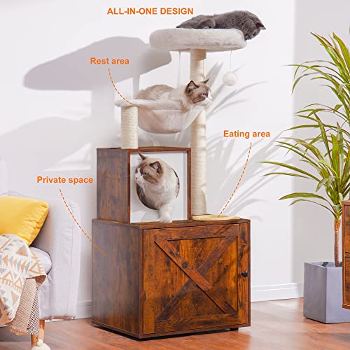 Heybly Cat Tree, Wood Litter Box Enclosure with Food Station, All-in-one Indoor Cat Furniture with Basket and Condo, Modern Style Cat Tower, Hammock, Rustic Brown HCT101SR