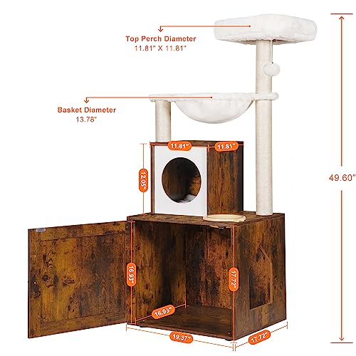 Heybly Cat Tree, Wood Litter Box Enclosure with Food Station, All-in-one Indoor Cat Furniture with Basket and Condo, Modern Style Cat Tower, Hammock, Rustic Brown HCT101SR