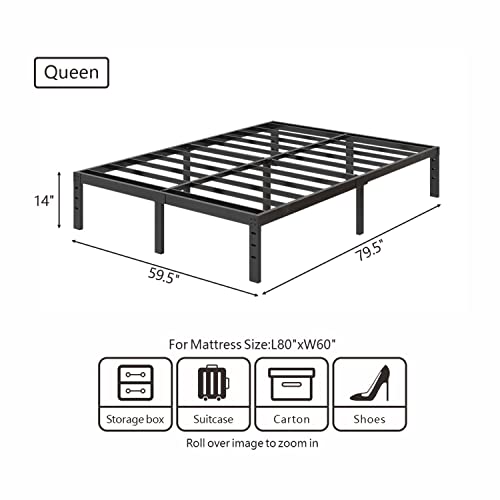 JENLLY Queen Bed Frame 14 Inch Metal Platform Bed Frame with Heavy Duty Steel Slat Support/Noise-Free/No Box Spring Needed/Modern Queen Bed Frame with Storage/Easy Assembly, Black…