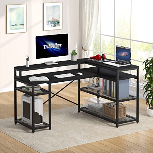 Tribesigns L Shaped Desk with Storage and Monitor Stand, Industrial Home Office Computer Desk with Storage Shelves, 59 Inch Corner Desk with Monitor Shelf(Full Black)