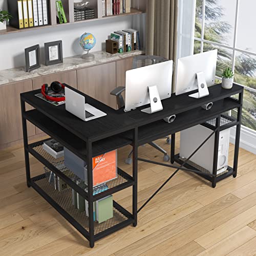 Tribesigns L Shaped Desk with Storage and Monitor Stand, Industrial Home Office Computer Desk with Storage Shelves, 59 Inch Corner Desk with Monitor Shelf(Full Black)