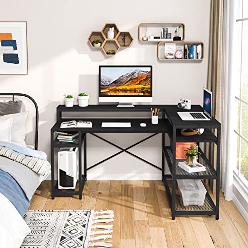 Tribesigns L Shaped Desk with Storage and Monitor Stand, Industrial Home Office Computer Desk with Storage Shelves, 59 Inch Corner Desk with Monitor Shelf(Full Black)