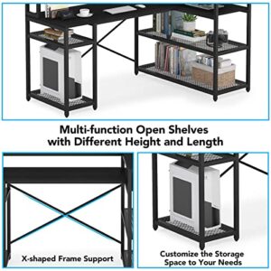 Tribesigns L Shaped Desk with Storage and Monitor Stand, Industrial Home Office Computer Desk with Storage Shelves, 59 Inch Corner Desk with Monitor Shelf(Full Black)