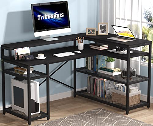 Tribesigns L Shaped Desk with Storage and Monitor Stand, Industrial Home Office Computer Desk with Storage Shelves, 59 Inch Corner Desk with Monitor Shelf(Full Black)