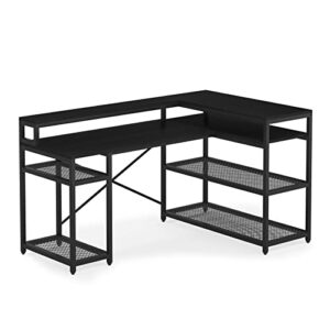 Tribesigns L Shaped Desk with Storage and Monitor Stand, Industrial Home Office Computer Desk with Storage Shelves, 59 Inch Corner Desk with Monitor Shelf(Full Black)