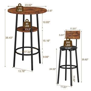 KIVENJAJA 3-Piece Bar Table Set for 2, Small 2-Tier Round Bistro Pub Dining Table & PU Upholstered Stools with Backrest, Counter Height Table and Chairs Set for Kitchen Small Space, Rustic Brown