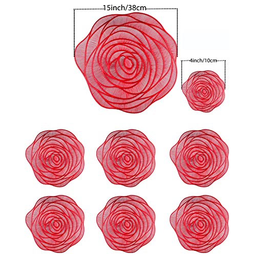 Snowkingdom Red Placemats and Coasters Set of 6 Pressed Metallic Vinyl 15 inch Rose Round Place Mats Dining Table Mats Dinning Table Centerpiece