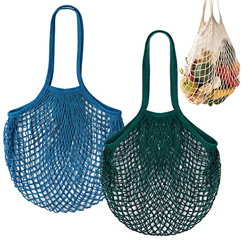 DRWSSR 2pcs Fashion Storage Mesh Bag Reusable Fruit Mesh Bag Shopping Mesh Bag Pure Cotton Portable Mesh Bag Eco Market Bags Tote Vegetables bag Tote Basketball Bag（blue+green）