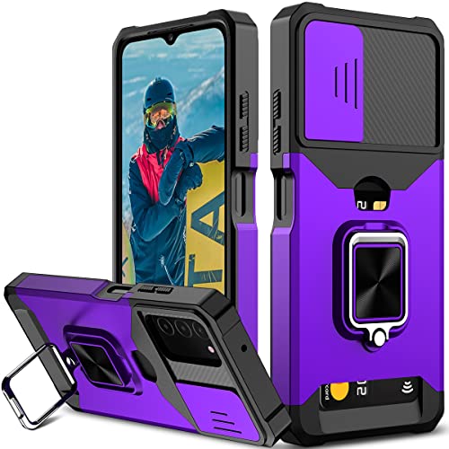 Nvollnoe for Samsung A03S Case with Sliding Camera Cover Heavy Duty Protective Galaxy A03S Case with Card Holder Magnetic Rotate Ring Kickstand Phone Case for Samsung Galaxy A03S(Purple)