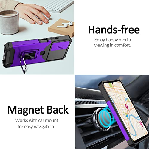 Nvollnoe for Samsung A03S Case with Sliding Camera Cover Heavy Duty Protective Galaxy A03S Case with Card Holder Magnetic Rotate Ring Kickstand Phone Case for Samsung Galaxy A03S(Purple)