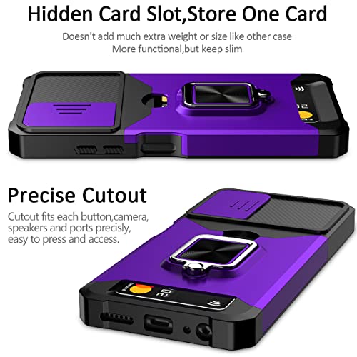 Nvollnoe for Samsung A03S Case with Sliding Camera Cover Heavy Duty Protective Galaxy A03S Case with Card Holder Magnetic Rotate Ring Kickstand Phone Case for Samsung Galaxy A03S(Purple)