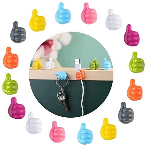 YANGTTOK 16PCS Self-Adhesive Thumb Up Wall Hooks,Funny Thumb Cord Holder for Data Cable,Earphone,Keys,Makeup Brush,Toothbrush