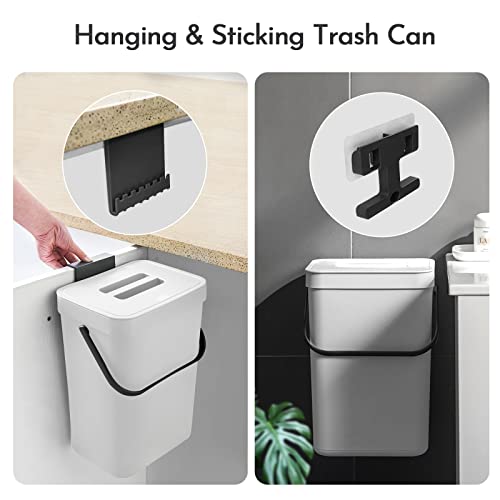 FODISU Hanging Garbage Can with Lid 1.3 Gallon Small Trash Can, 5 Liter Kitchen Compost Bin, Kitchen Hanging Garbage Can for Under Sink or Kitchen Cabinet Door, Wall-Mounted Kitchen Waste Bin