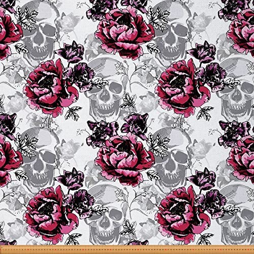 Sugar Skull Fabric by The Yard, Rose Floral Upholstery Fabric, Halloween Flower Decorative Fabric, Retro Gothic Skeleton Indoor Outdoor Fabric, Bones DIY Art Waterproof Fabric, Red Grey, 5 Yards
