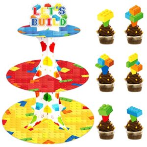 building block cupcake stand with 24pcs cupcake toppers for blocks birthday party decorations 3 tire brick themed cupcake dessert holder for building blocks baby shower party decor supplies