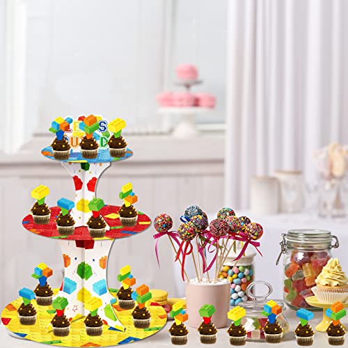 Building Block Cupcake Stand with 24pcs Cupcake Toppers for Blocks Birthday Party Decorations 3 Tire Brick Themed Cupcake Dessert Holder for Building Blocks Baby Shower Party Decor Supplies