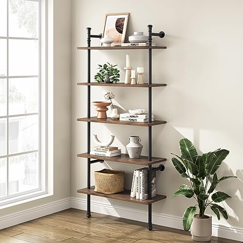 Realyoo Wall Mounted Bookshelf, 5 Tier Industrial Open Vintage Bookcase, Rustic Wood and Metal Book Shelf, Tall Modern Book Case for Office Home Living Room Bedroom - Walnut