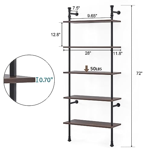 Realyoo Wall Mounted Bookshelf, 5 Tier Industrial Open Vintage Bookcase, Rustic Wood and Metal Book Shelf, Tall Modern Book Case for Office Home Living Room Bedroom - Walnut