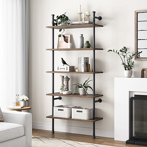 Realyoo Wall Mounted Bookshelf, 5 Tier Industrial Open Vintage Bookcase, Rustic Wood and Metal Book Shelf, Tall Modern Book Case for Office Home Living Room Bedroom - Walnut