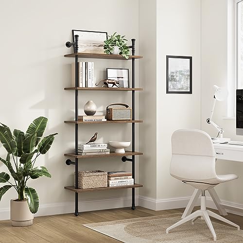 Realyoo Wall Mounted Bookshelf, 5 Tier Industrial Open Vintage Bookcase, Rustic Wood and Metal Book Shelf, Tall Modern Book Case for Office Home Living Room Bedroom - Walnut