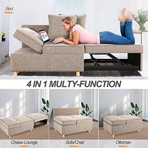 SEJOV Sofa Bed Chair 4-in-1 Convertible Chair Bed, 3-Seat Linen Fabric loveseat Sofa with 2 Throw Pillow, Single Recliner for Small Space with 5 Adjustable Backrest