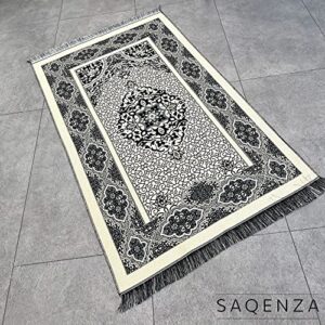 SAQENZA Muslim Prayer Rug Double Sided - Prayer Mat 3 Pieces Set - Gift Kufi Hat - Gift Prayer Beads ( 99 ) - Muslim Gifts for Men , Women and Kids ( Black )