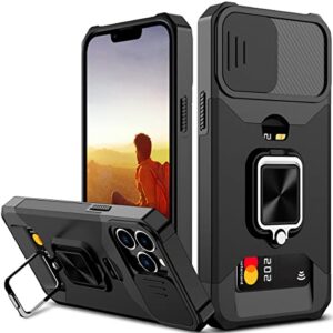 nvollnoe for iphone 13 pro max case with sliding camera cover and card holder heavy duty protective iphone 13 pro max case with ring magnetic kickstand phone case for iphone 13 pro max(black)