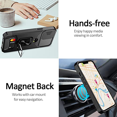 Nvollnoe for iPhone 13 Pro Max Case with Sliding Camera Cover and Card Holder Heavy Duty Protective iPhone 13 Pro Max Case with Ring Magnetic Kickstand Phone Case for iPhone 13 Pro Max(Black)