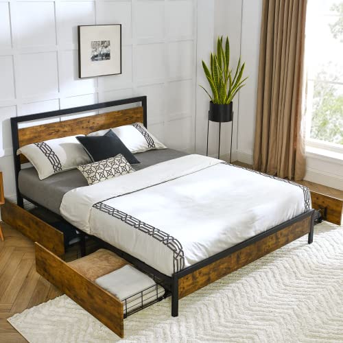 LAGRIMA Queen Size Bed Frame with 4 Drawers, Metal Platform Storage Wooden Headboard & Large Space, Mattress Foundation Slat Support, No Box Spring Needed, Easy Assembly, Rustic Brown, (BT-832)