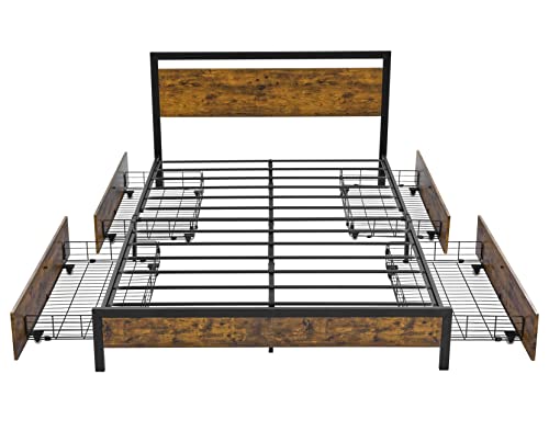 LAGRIMA Queen Size Bed Frame with 4 Drawers, Metal Platform Storage Wooden Headboard & Large Space, Mattress Foundation Slat Support, No Box Spring Needed, Easy Assembly, Rustic Brown, (BT-832)