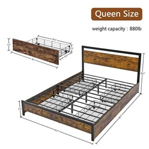 LAGRIMA Queen Size Bed Frame with 4 Drawers, Metal Platform Storage Wooden Headboard & Large Space, Mattress Foundation Slat Support, No Box Spring Needed, Easy Assembly, Rustic Brown, (BT-832)