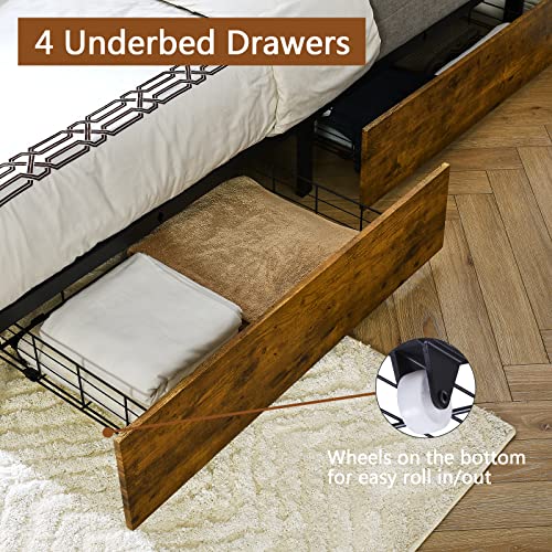 LAGRIMA Queen Size Bed Frame with 4 Drawers, Metal Platform Storage Wooden Headboard & Large Space, Mattress Foundation Slat Support, No Box Spring Needed, Easy Assembly, Rustic Brown, (BT-832)