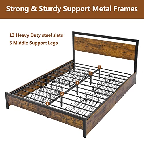 LAGRIMA Queen Size Bed Frame with 4 Drawers, Metal Platform Storage Wooden Headboard & Large Space, Mattress Foundation Slat Support, No Box Spring Needed, Easy Assembly, Rustic Brown, (BT-832)
