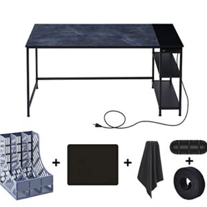 YOLOXO Computer Home Office Desk with Power Strip Outlet, 63 Inch Small Desk Study Writing Table with Storage Shelves, Modern Simple PC Desk, Black/Seablue,Blue