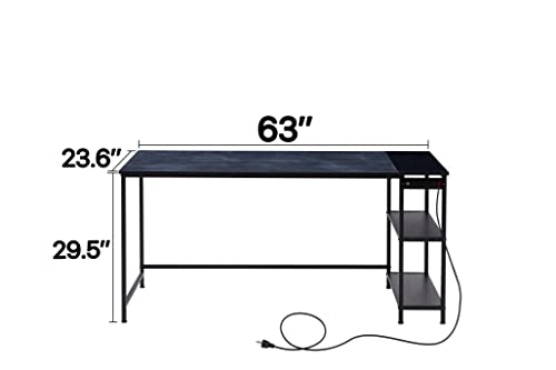 YOLOXO Computer Home Office Desk with Power Strip Outlet, 63 Inch Small Desk Study Writing Table with Storage Shelves, Modern Simple PC Desk, Black/Seablue,Blue