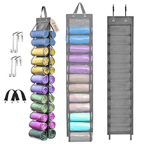 2 Pack Legging Hanging Storage Organizer, HUNTALG Yoga Leggings Space Saving Bag Storage Hanger with 24 Compartment, Foldable Clothes Closets Roll Holder for T-Shirt, Towel, Legging, Jean (Gray)