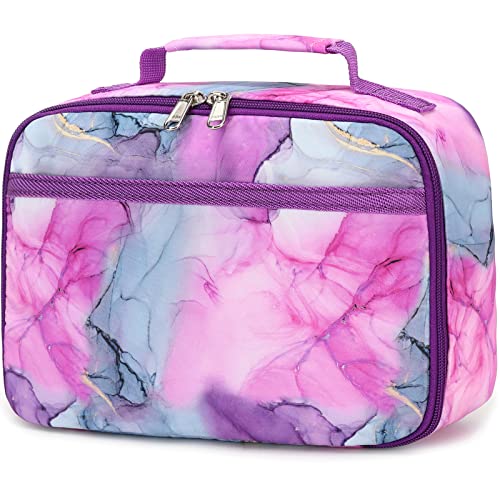 LEDAOU Lunch Bag Insulated Lunch Box Kids Girls Insulated Reusable Lunch Bag for School Work Picnic Hiking (Marble Purple White)