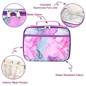 LEDAOU Lunch Bag Insulated Lunch Box Kids Girls Insulated Reusable Lunch Bag for School Work Picnic Hiking (Marble Purple White)